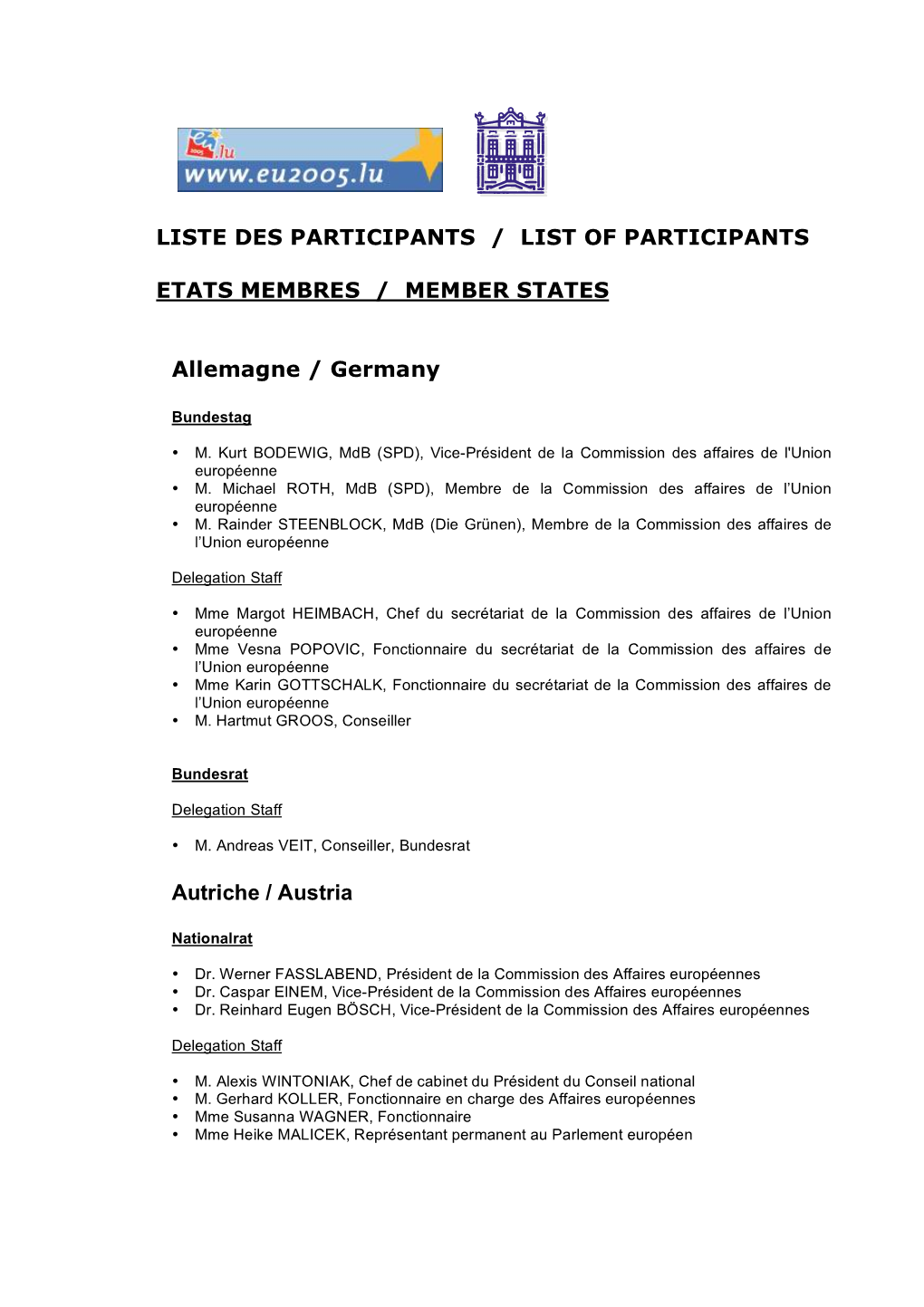 Liste Des Participants / List of Participants Etats