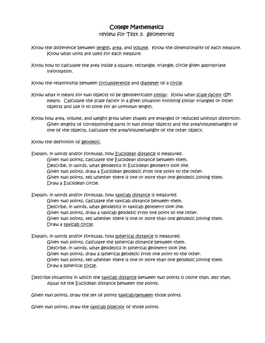 College Mathematics Review for Test 3: Geometries