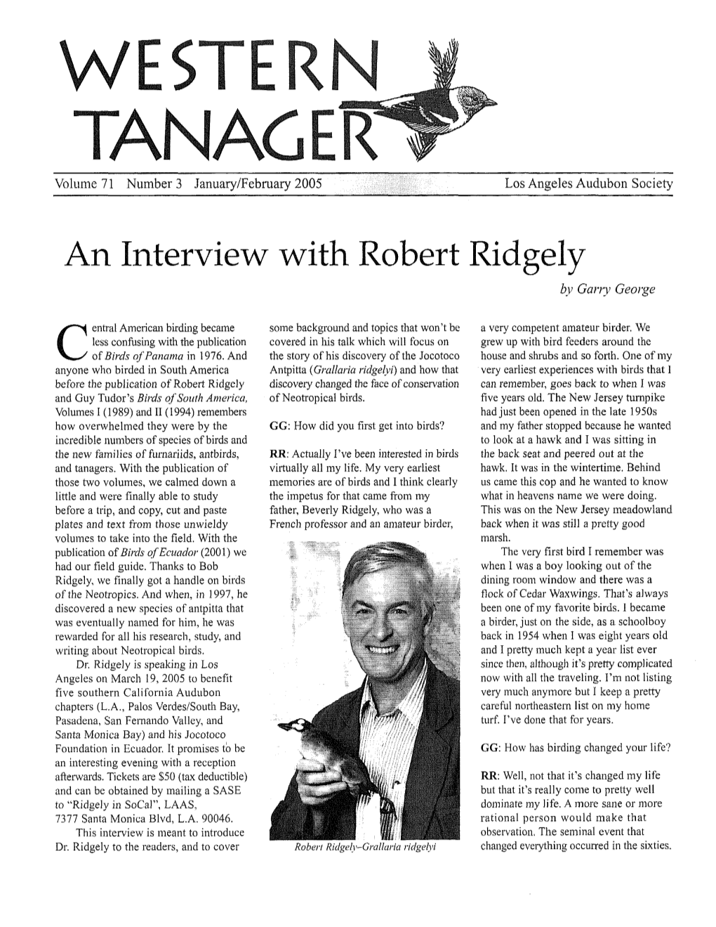 WESTERN TANAGER Volume 71 Number 3 January/February 2005 Los Angeles Audubon Society