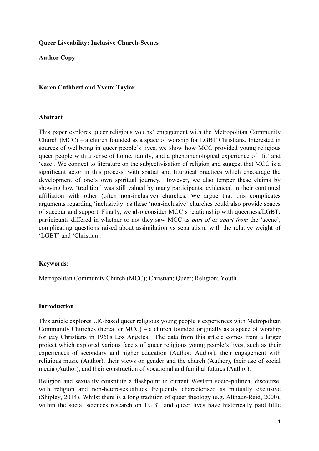 Queer Liveability: Inclusive Church-Scenes Author Copy Karen Cuthbert and Yvette Taylor Abstract This Paper Explores Queer