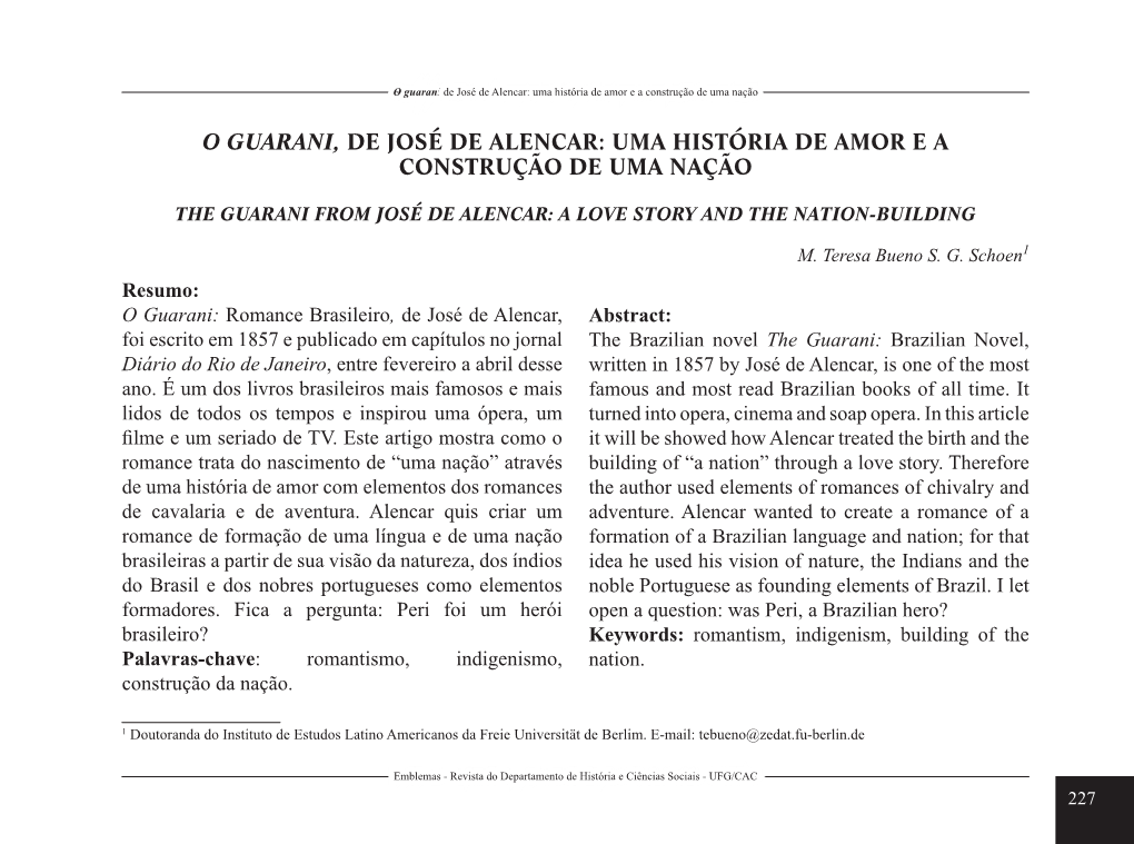 O Guarani, De José De Alencar: Uma História De Amor E a Construção De Uma Nação