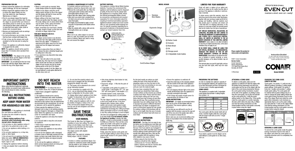 CONAIR Even Cut Hair Clipper Instruction Booklet