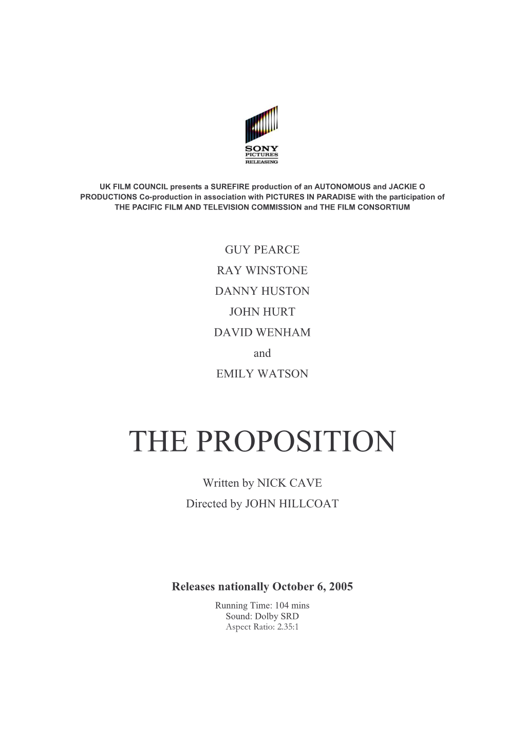 The Proposition Production Notes