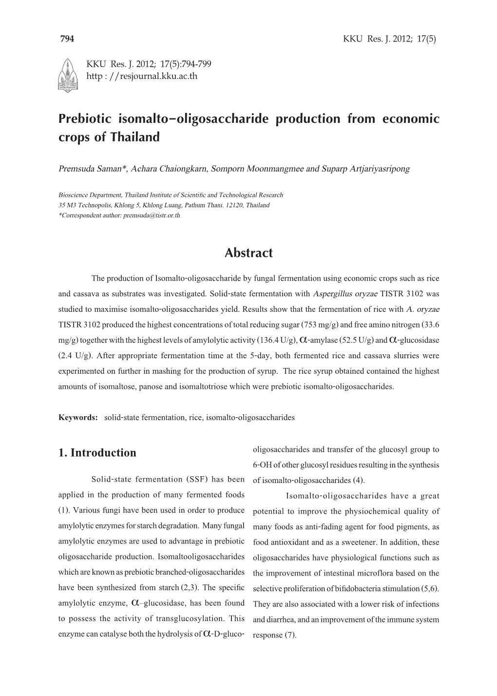 Prebiotic Isomalto-Oligosaccharide Production from Economic Crops of Thailand