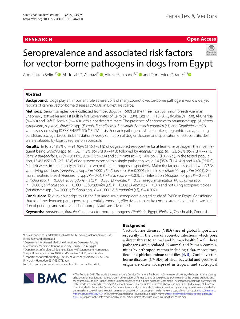 Seroprevalence and Associated Risk Factors for Vector-Borne Pathogens