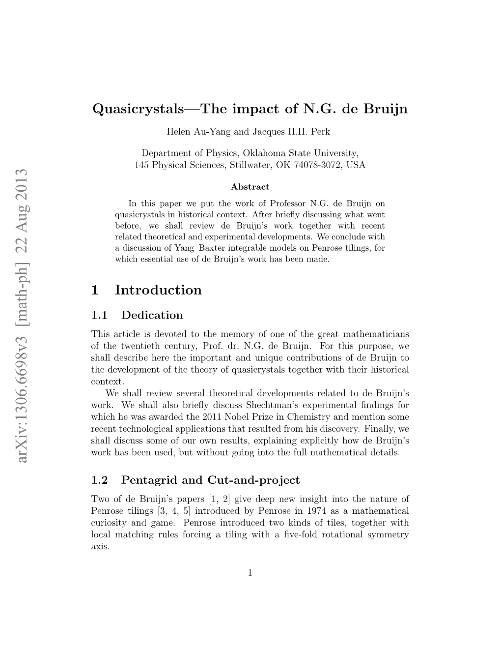 Quasicrystals—The Impact of NG De Bruijn