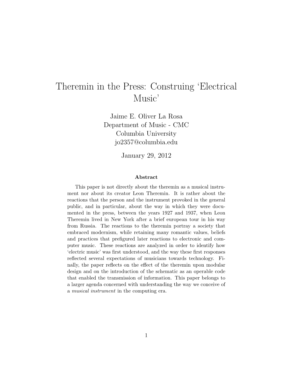 Theremin in the Press: Construing 'Electrical Music'