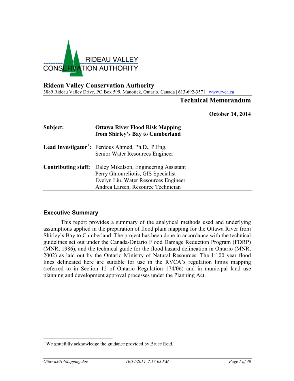 Rideau Valley Conservation Authority Technical Memorandum