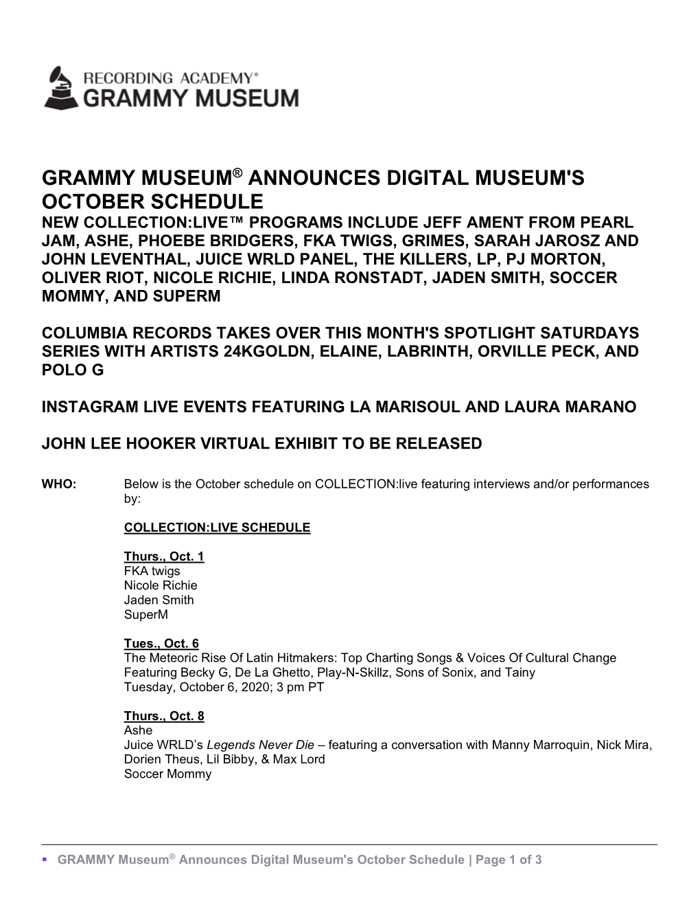 Grammy Museum® Announces Digital Museum's October