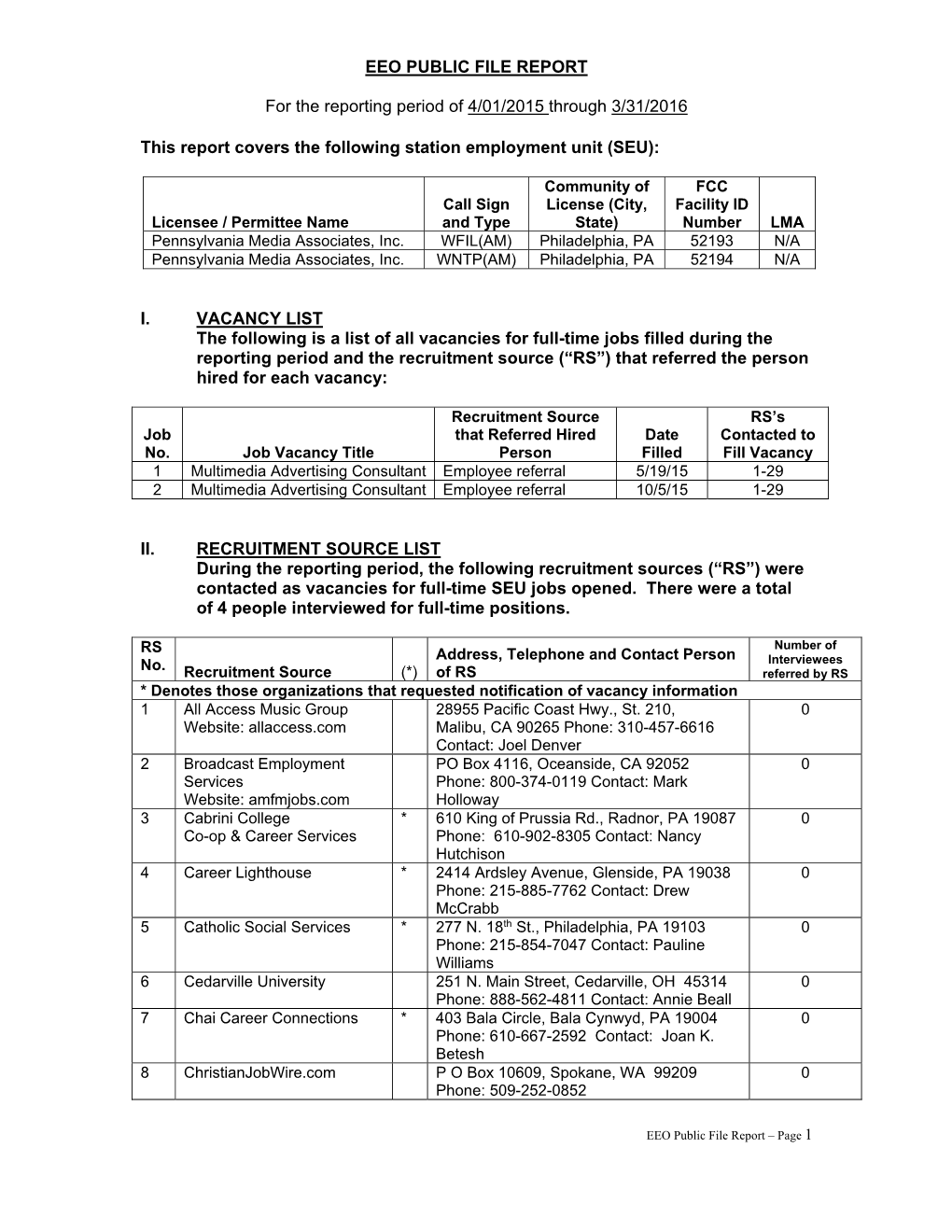 EEO PUBLIC FILE REPORT for the Reporting Period of 4/01/2015 Through 3/31/2016 This Report Covers the Following Station Employme