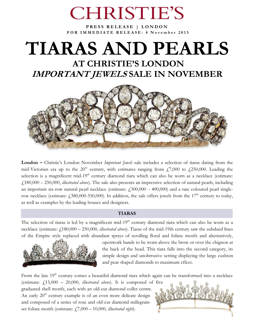 Tiaras and Pearls at Christie's London Important Jewels Sale in November