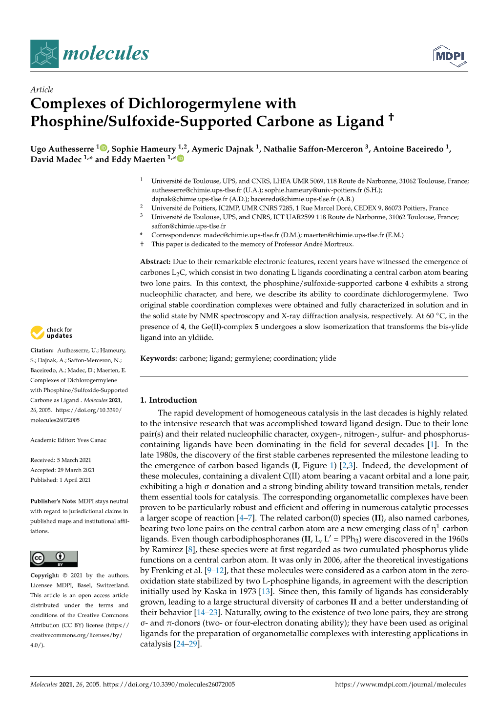 Complexes of Dichlorogermylene with Phosphine/Sulfoxide-Supported Carbone As Ligand †