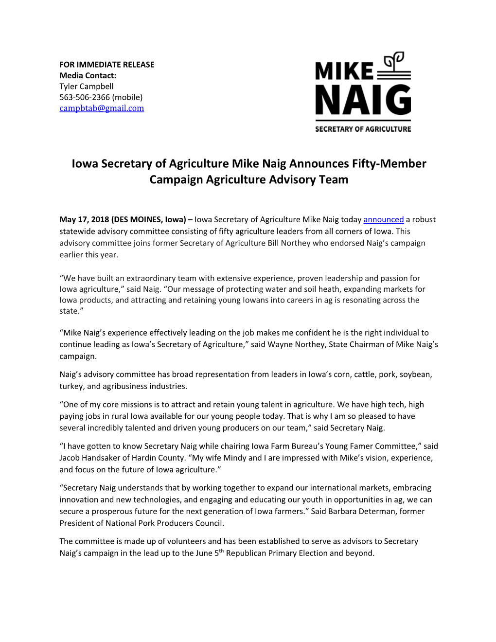 Iowa Secretary of Agriculture Mike Naig Announces Fifty-Member Campaign Agriculture Advisory Team