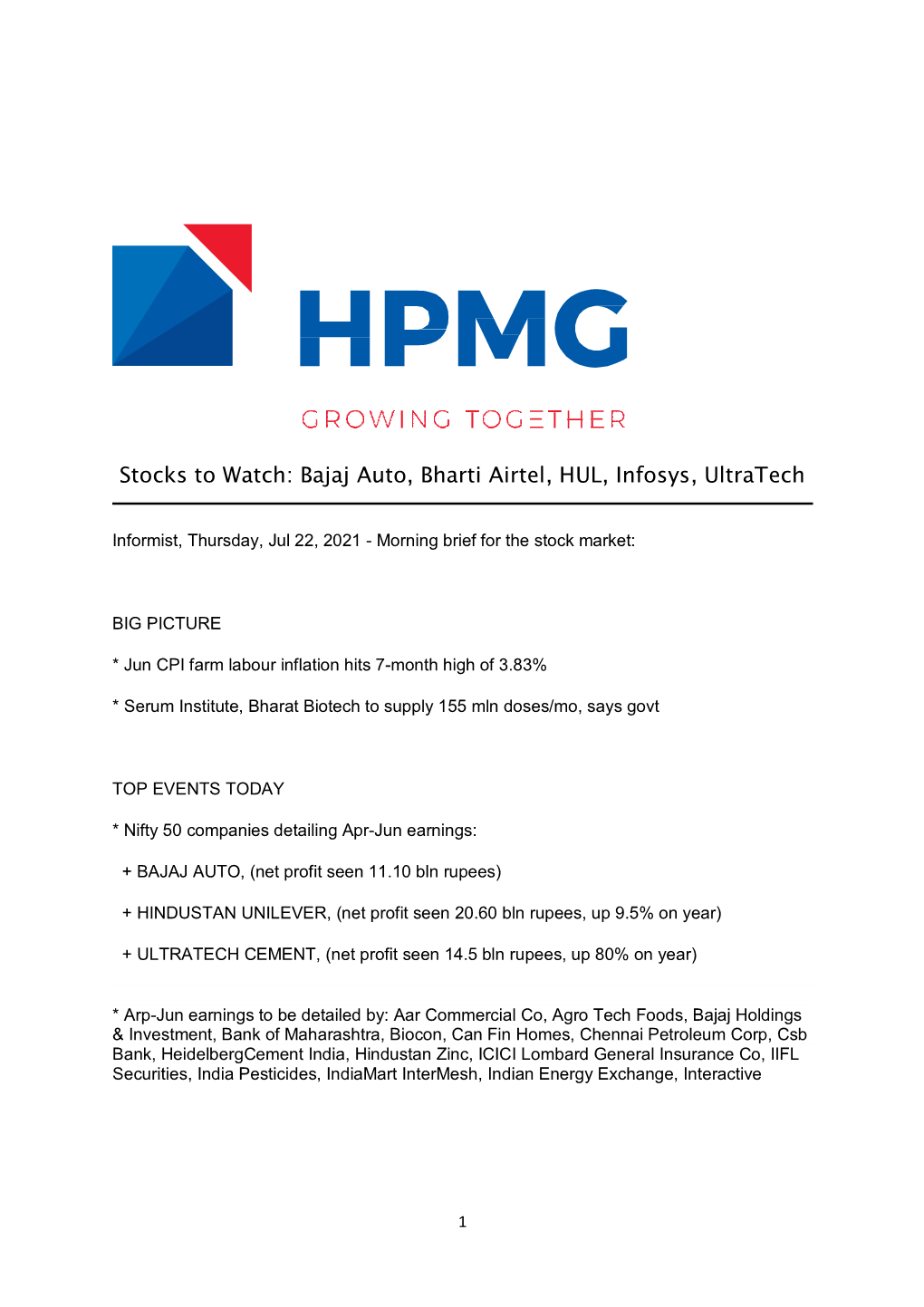 Bajaj Auto, Bharti Airtel, HUL, Infosys, Ultratech