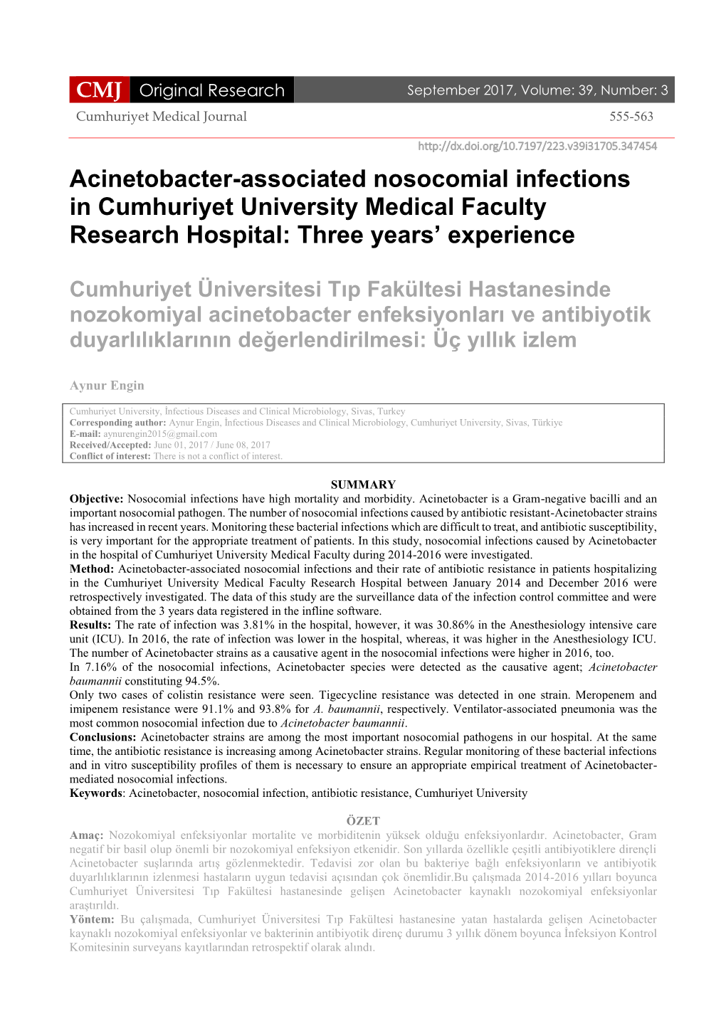 Acinetobacter-Associated Nosocomial Infections in Cumhuriyet University Medical Faculty Research Hospital: Three Years’ Experience