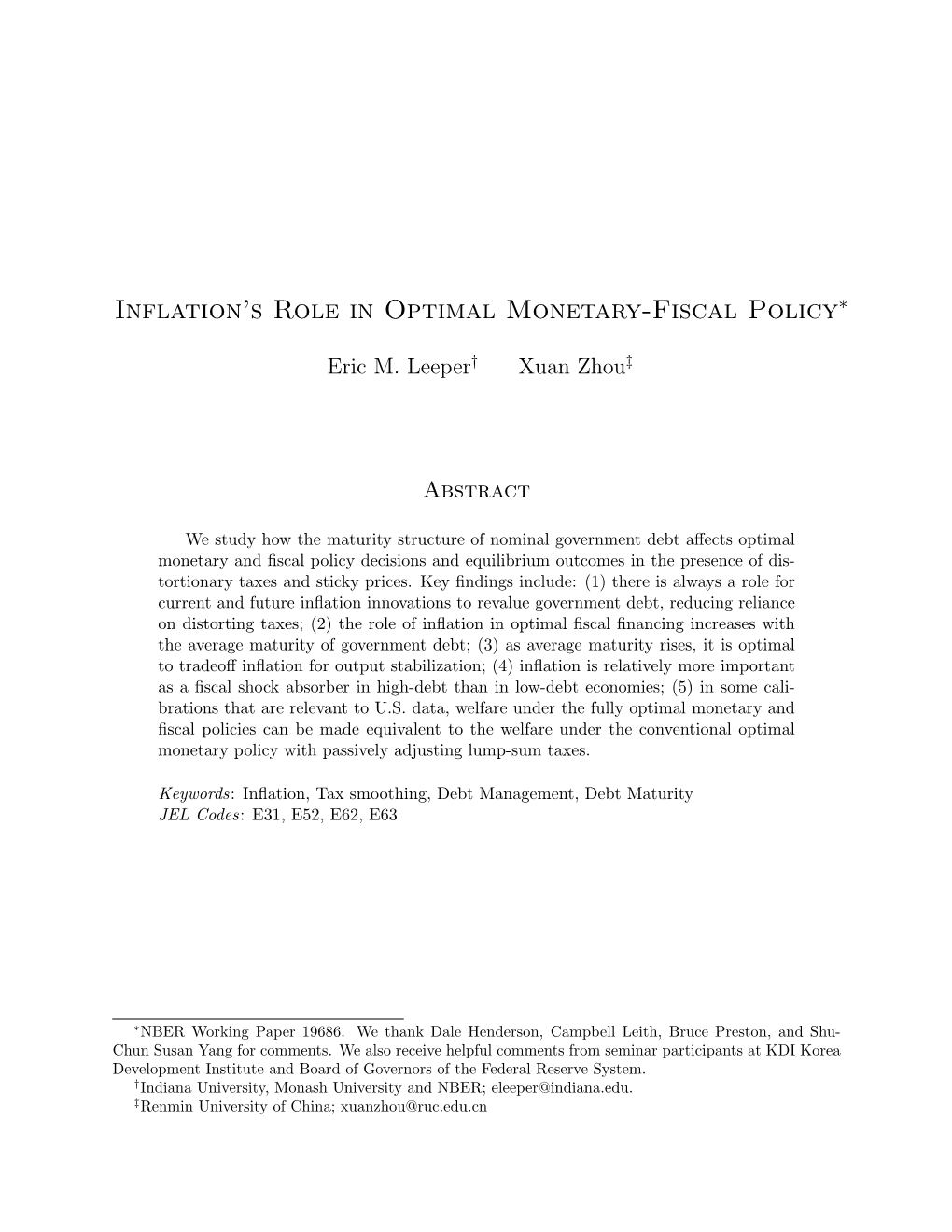 Inflation's Role in Optimal Monetary-Fiscal Policy