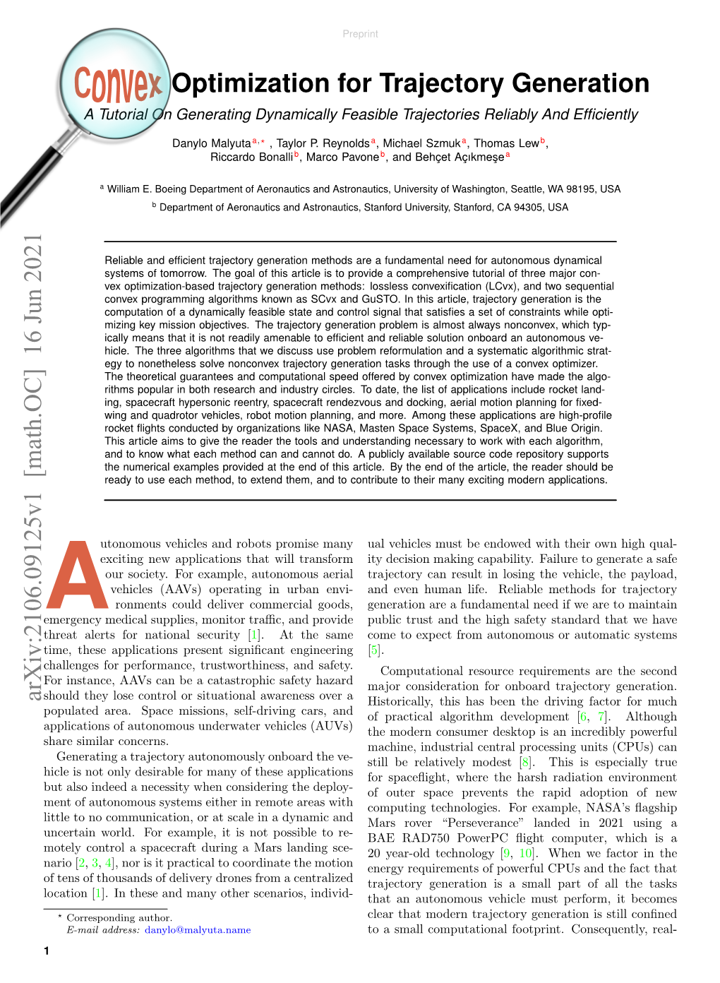 Convex Optimization for Trajectory Generation Arxiv:2106.09125V1 [Math.OC] 16 Jun 2021