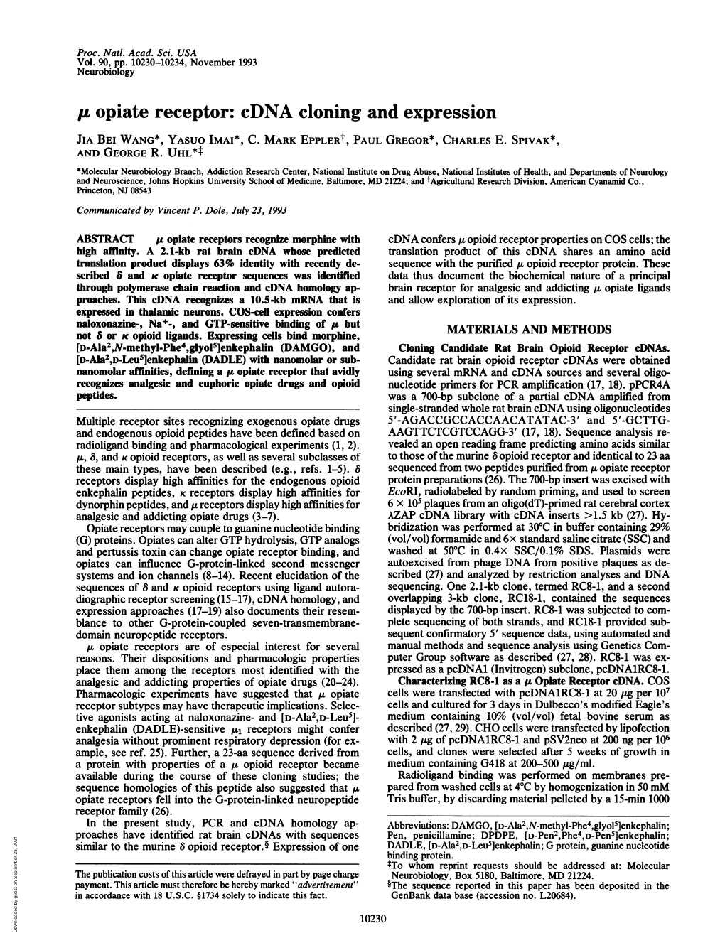 U Opiate Receptor: Cdna Cloning and Expression JIA BEI WANG*, YASUO IMAI*, C