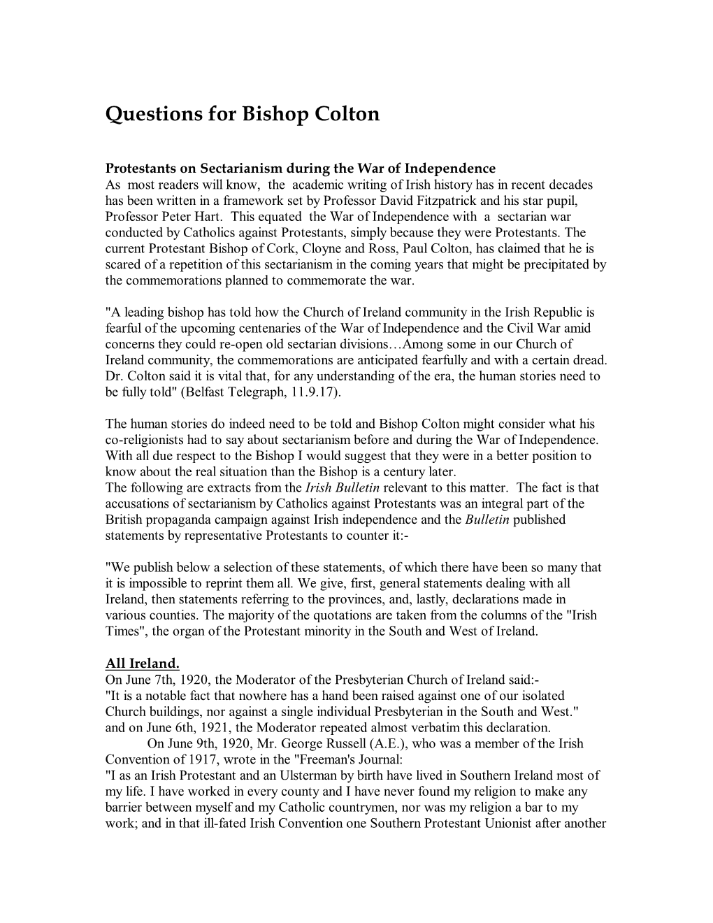 Questions for Bishop Paul Colton