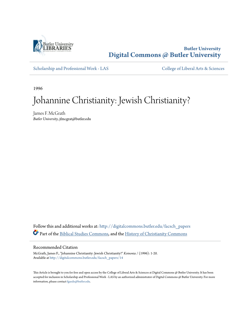 Johannine Christianity: Jewish Christianity? James F