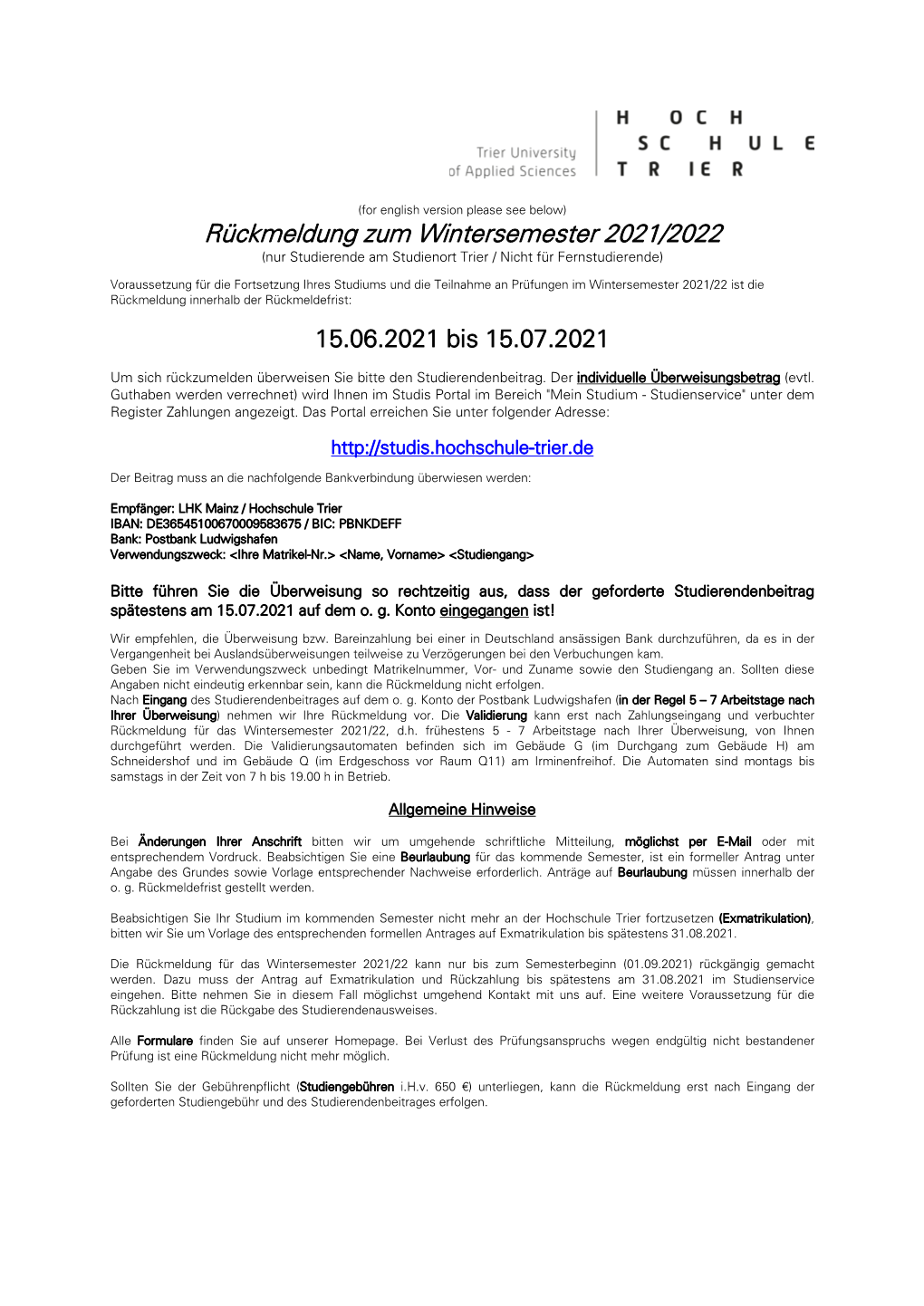 Rückmeldung Wintersemester 2004/05