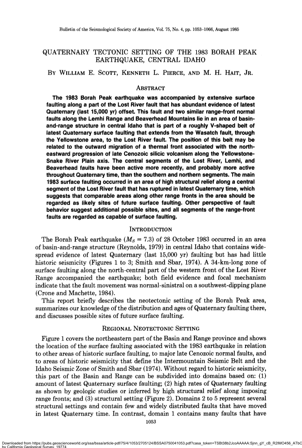 Quaternary Tectonic Setting of the 1983 Borah Peak Earthquake, Central Idaho by William E