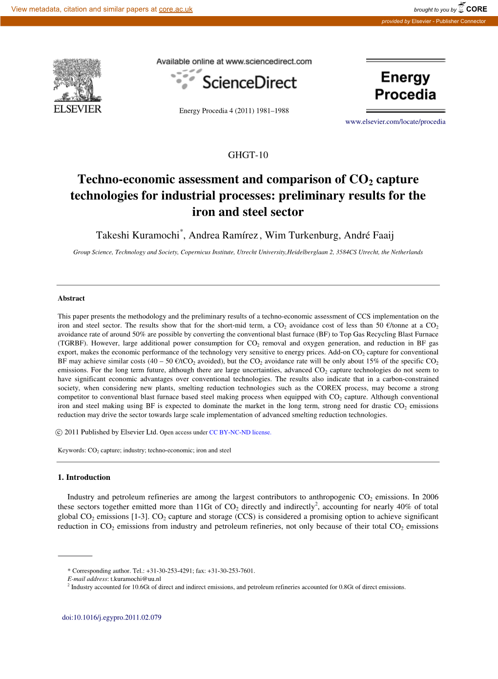 Techno-Economic Assessment and Comparison of CO2 Capture Technologies for Industrial Processes: Preliminary Results for the Iron and Steel Sector