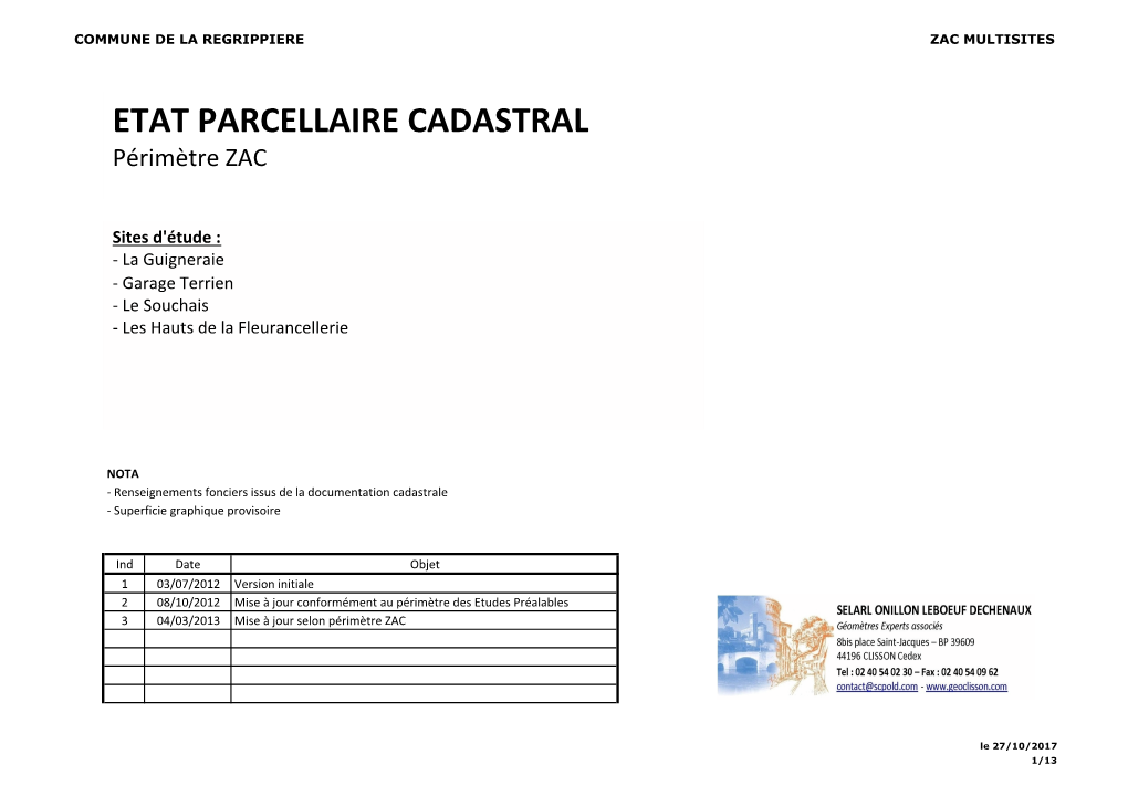 ETAT PARCELLAIRE CADASTRAL Périmètre ZAC