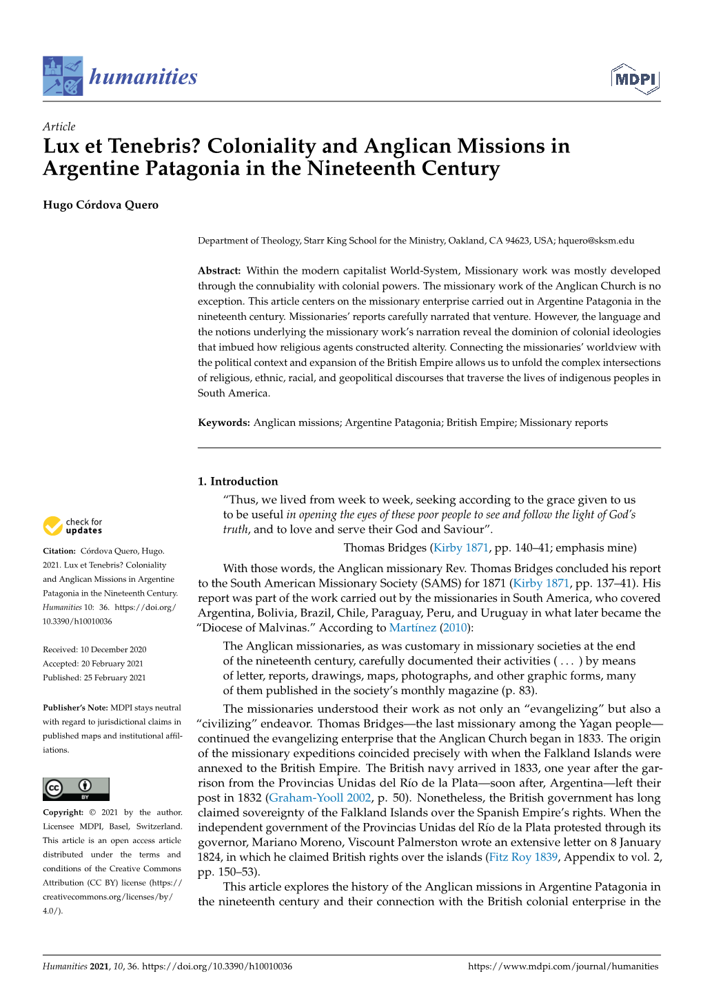 Coloniality and Anglican Missions in Argentine Patagonia in the Nineteenth Century