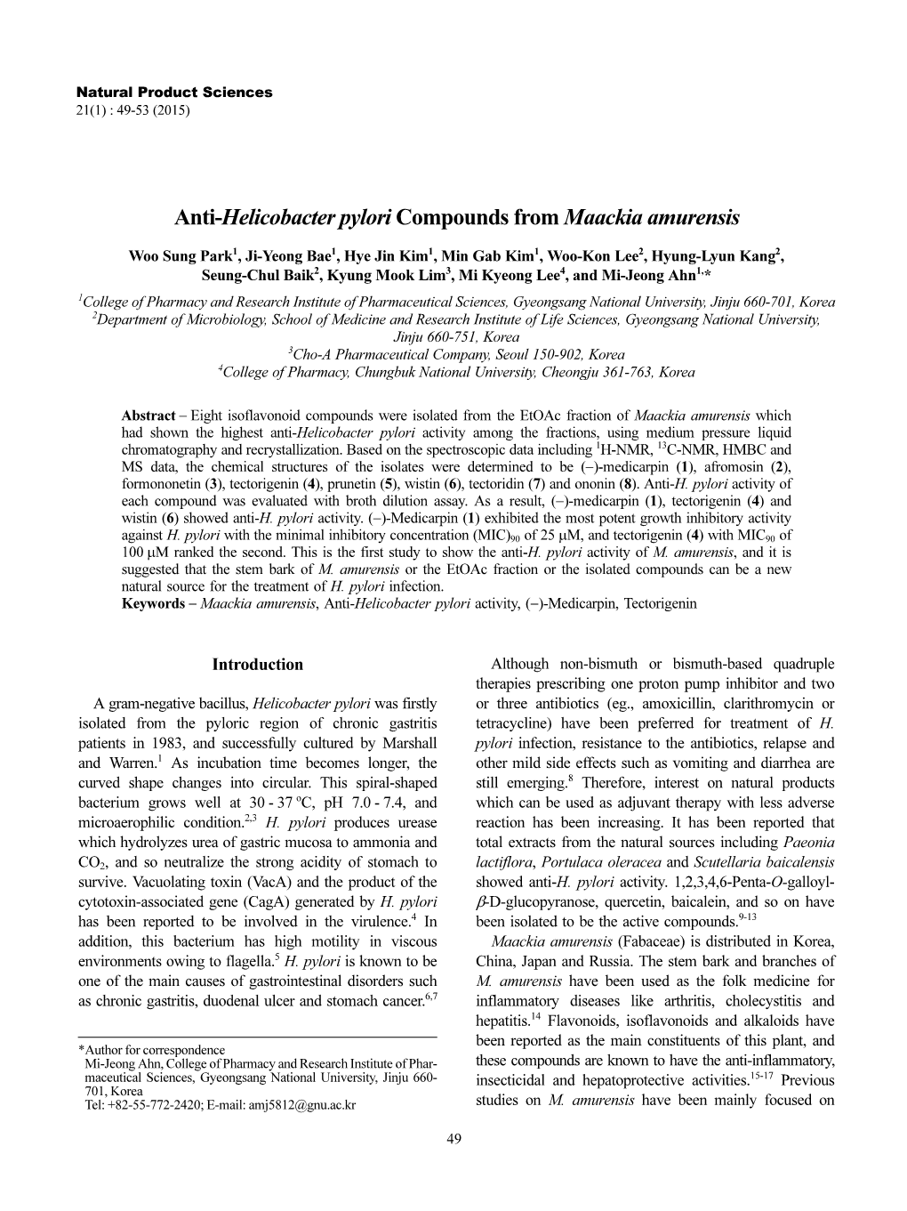 Anti-Helicobacter Pylori Compounds from Maackia Amurensis