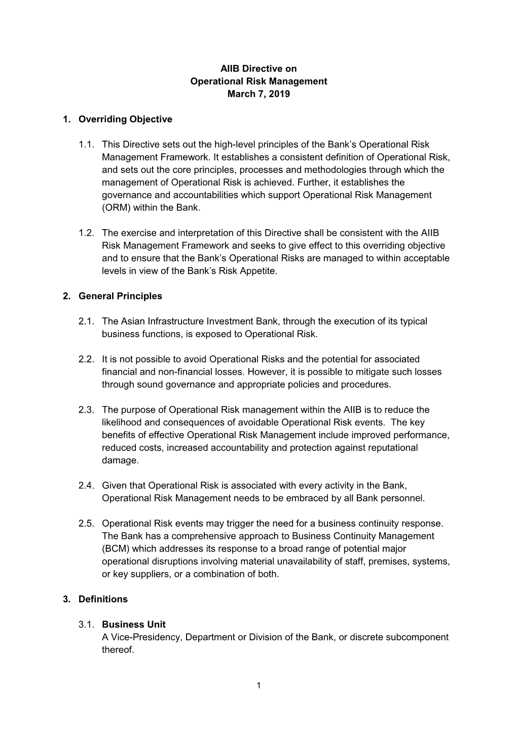 Directive on Operational Risk Management March 7, 2019