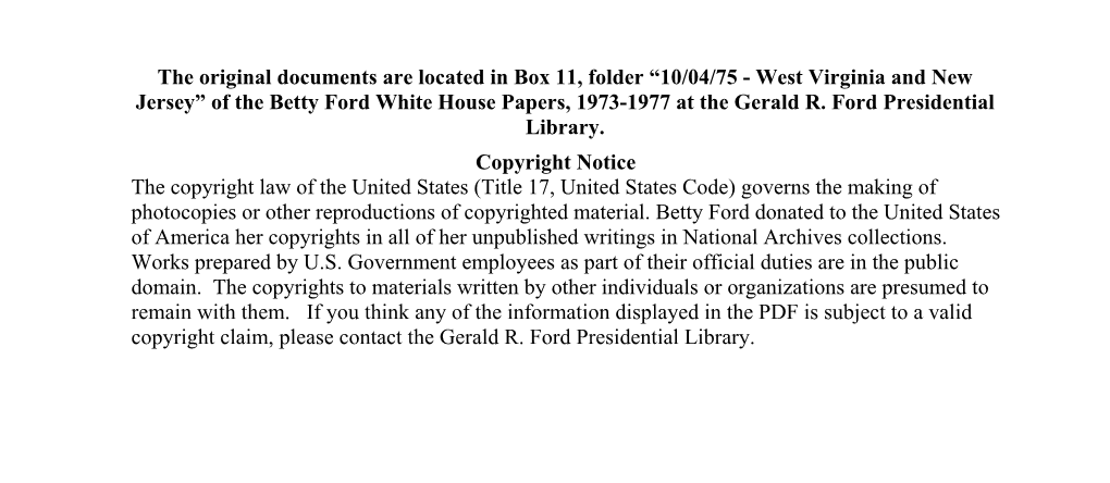 10/04/75 - West Virginia and New Jersey” of the Betty Ford White House Papers, 1973-1977 at the Gerald R