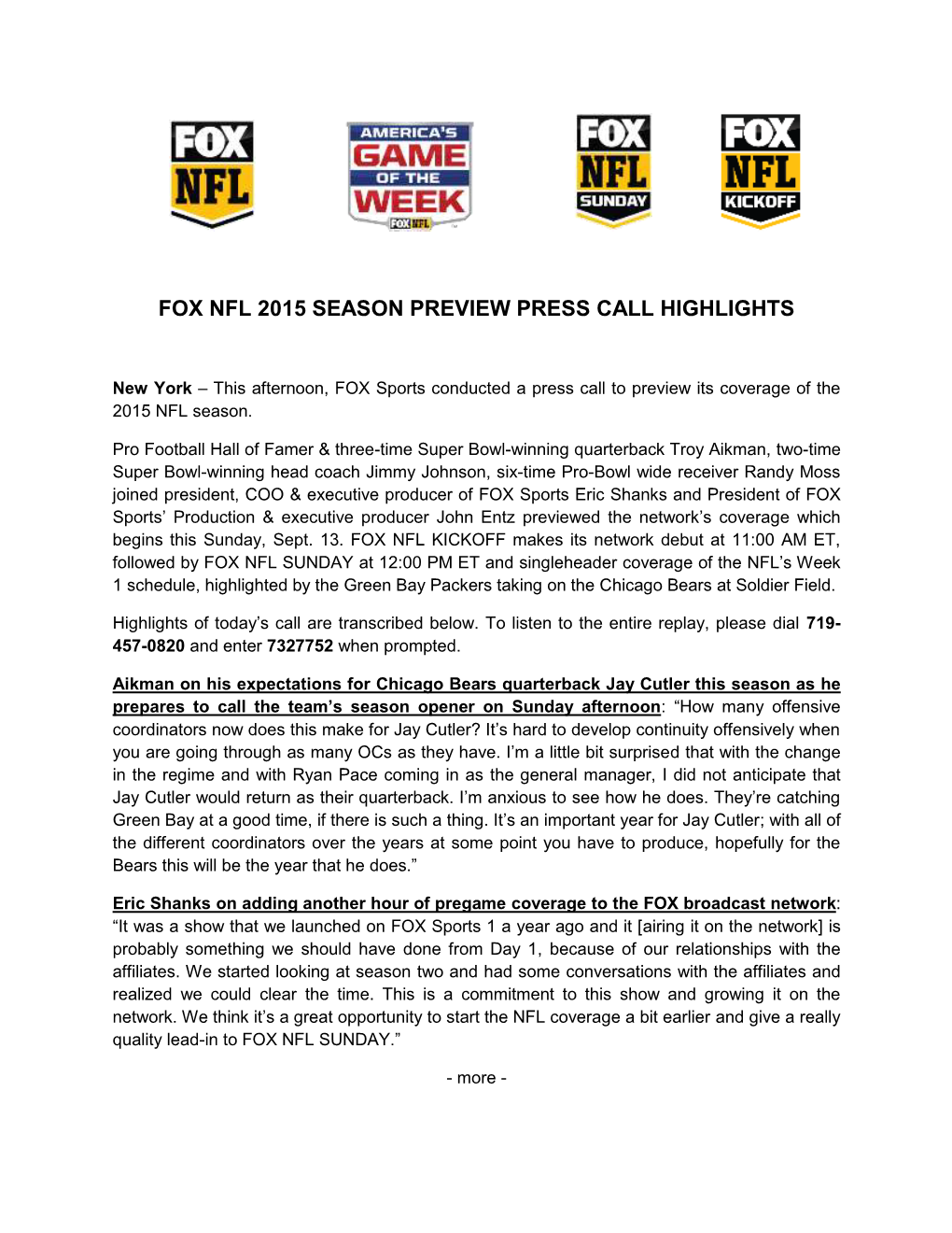 Fox Nfl 2015 Season Preview Press Call Highlights