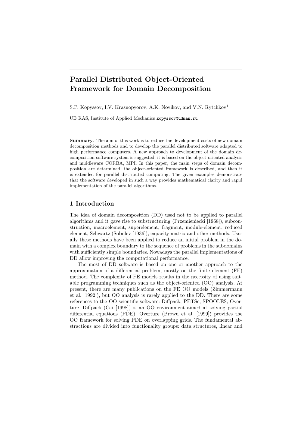 Parallel Distributed Object-Oriented Framework for Domain Decomposition