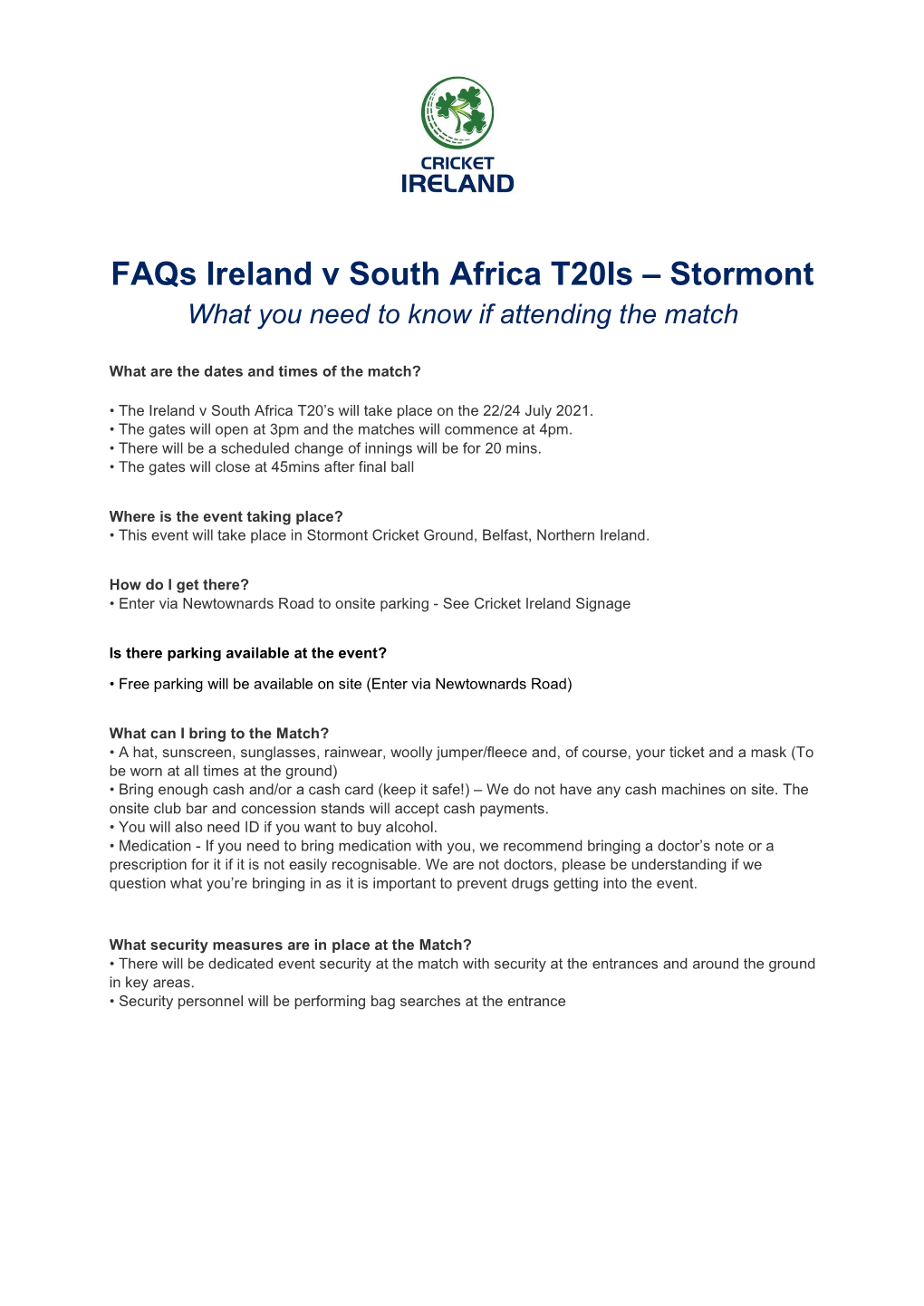 Faqs Ireland V South Africa T20is – Stormont What You Need to Know If Attending the Match