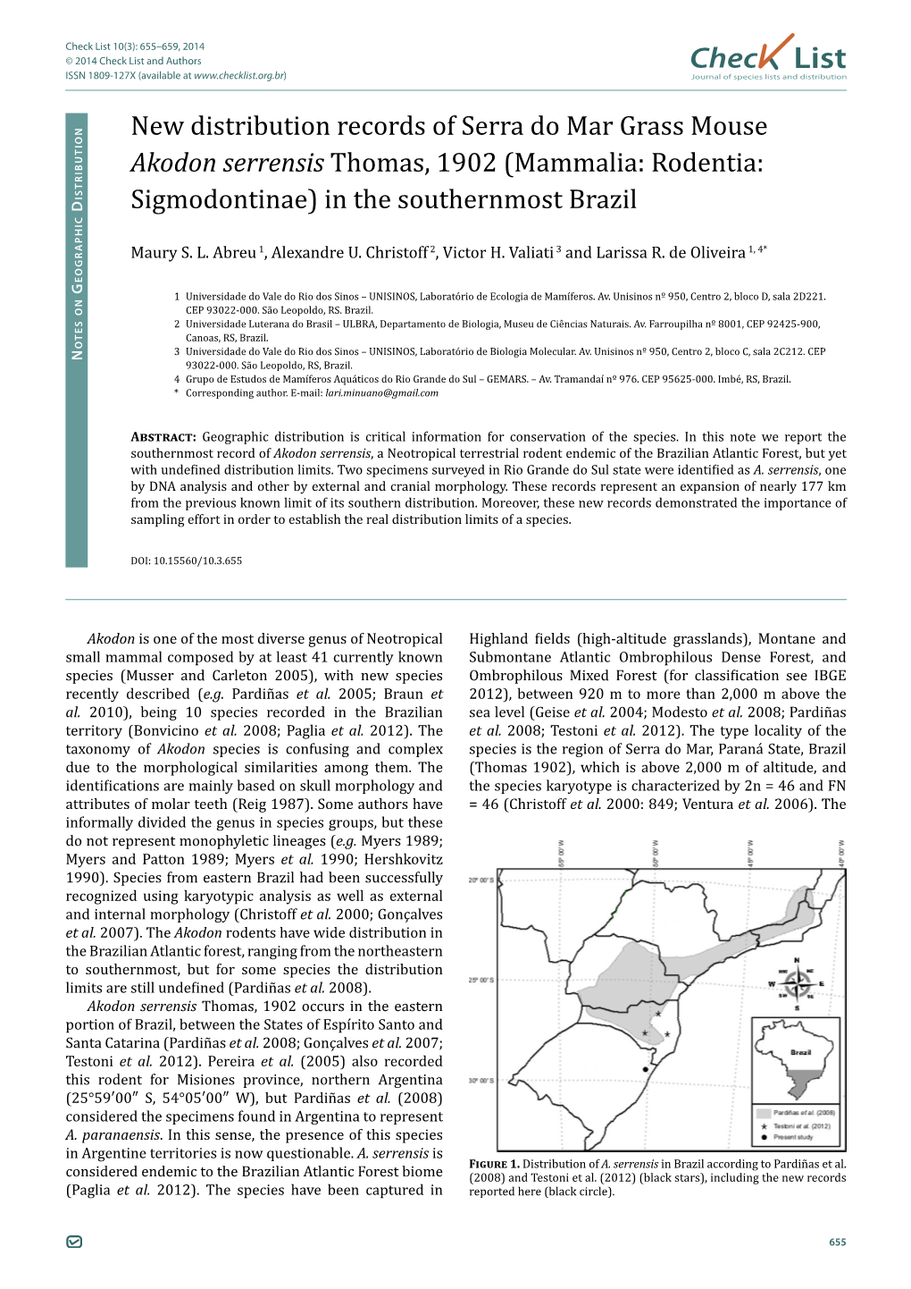 Chec List ISSN 1809-127X (Available at Journal of Species Lists and Distribution