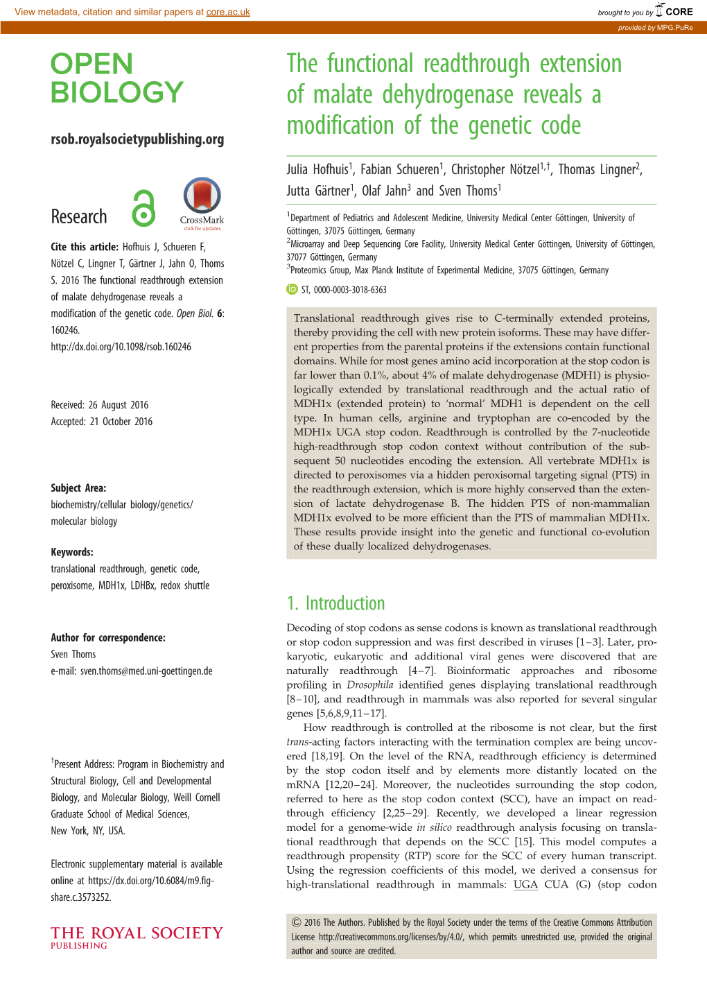 The Functional Readthrough Extension of Malate Dehydrogenase Reveals A