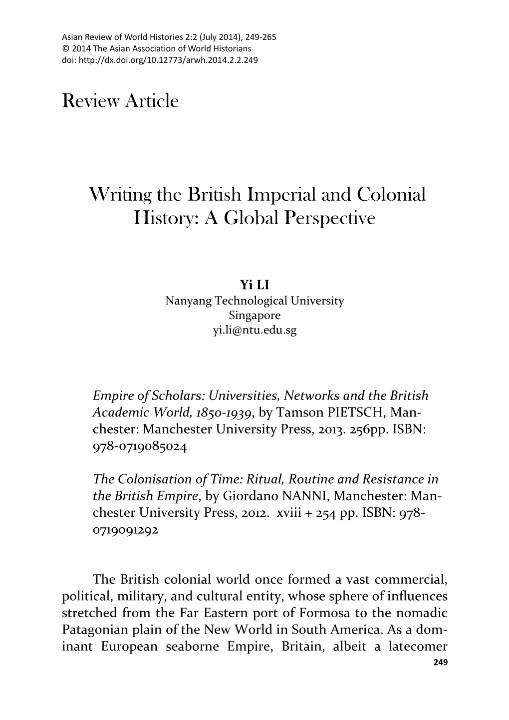 Review Article Writing the British Imperial and Colonial History