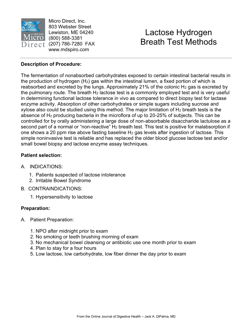 Lactose Hydrogen Breath Test Methods