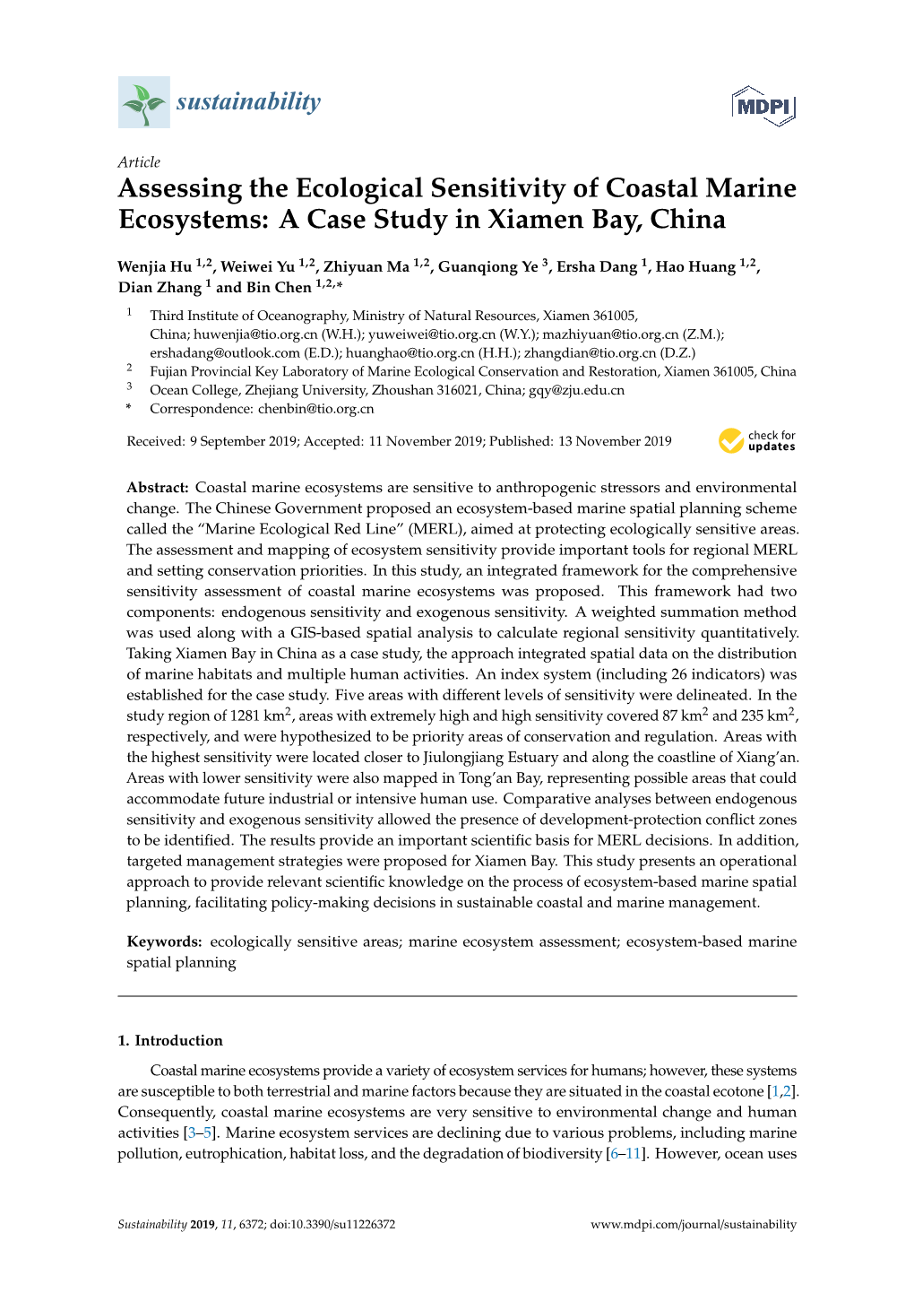 Assessing the Ecological Sensitivity of Coastal Marine Ecosystems: a Case Study in Xiamen Bay, China