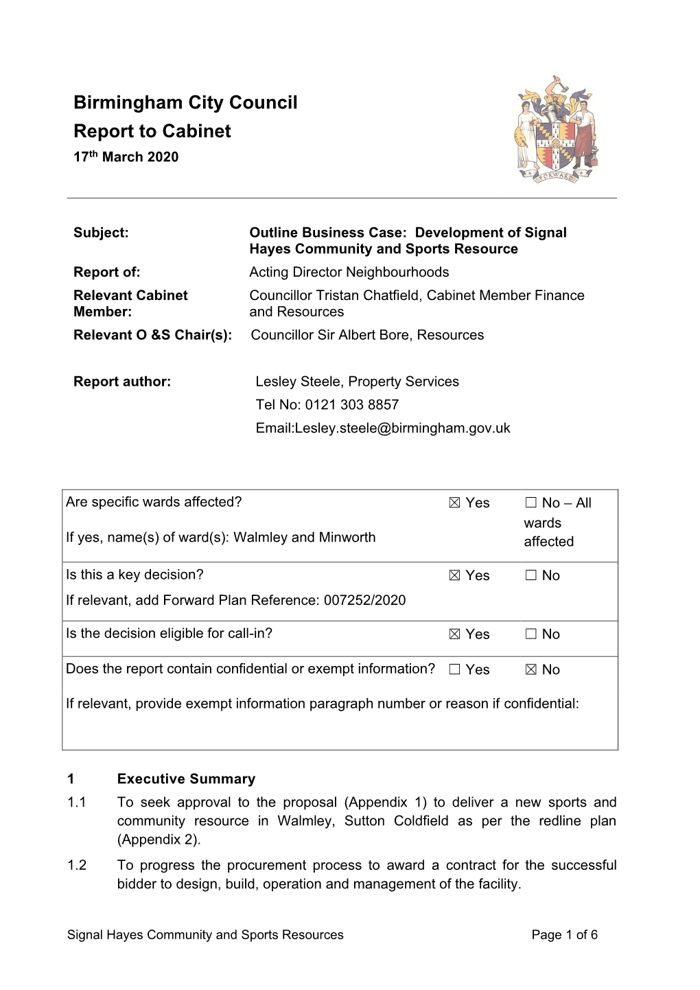 Birmingham City Council Report to Cabinet 17Th March 2020