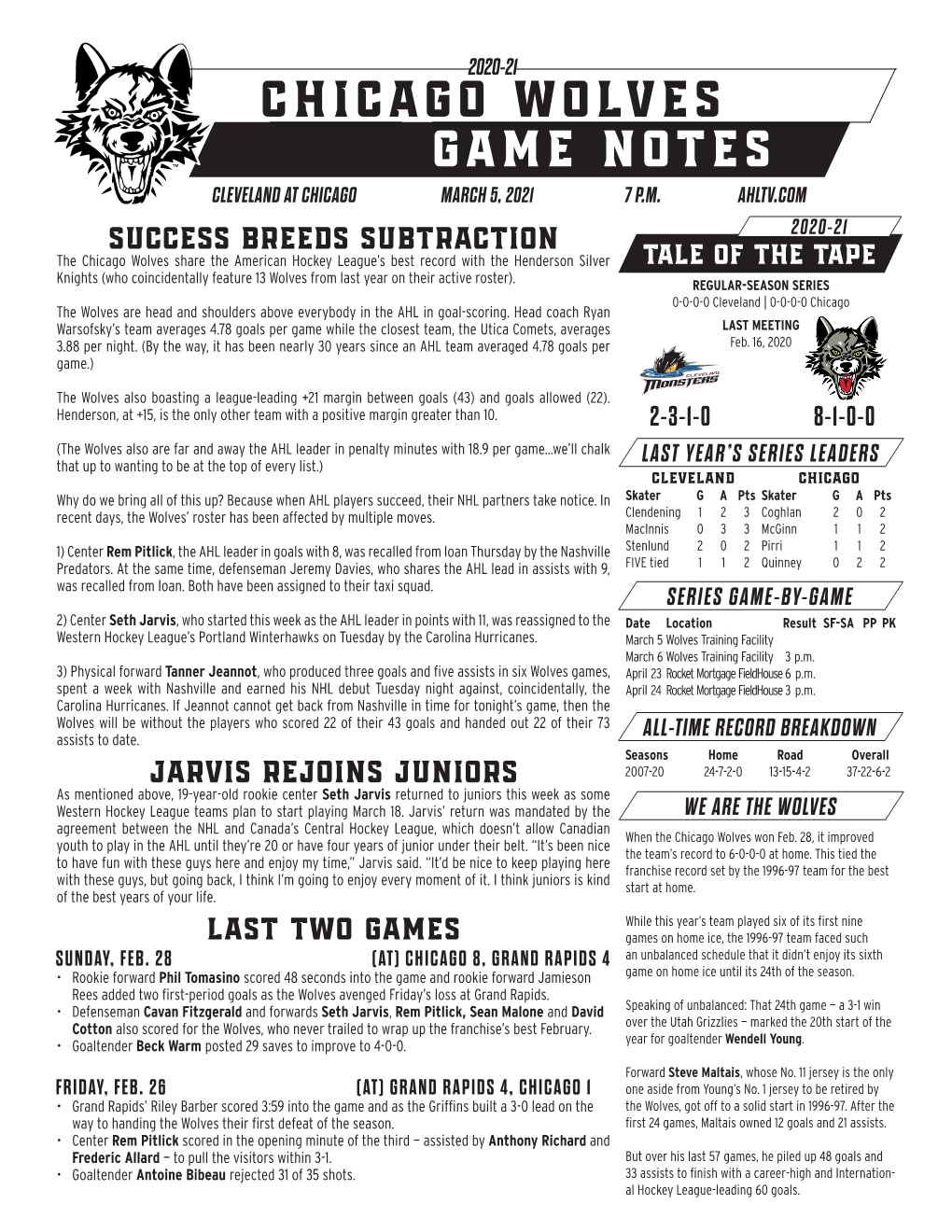 Chicaggo Wolves Game Notes