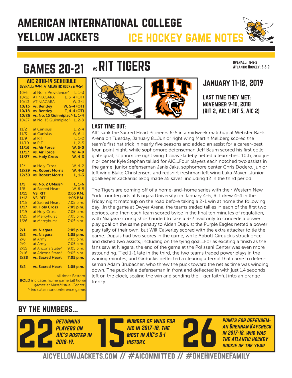 American International College Yellow Jackets Ice Hockey Game Notes GAMES 20-21 Vs RIT TIGERS