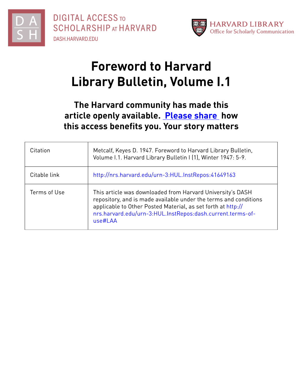 Foreword to Harvard Library Bulletin, Volume I.1