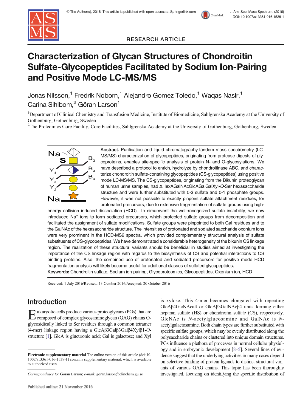 Characterization of Glycan Structures of Chondroitin Sulfate-Glycopeptides Facilitated by Sodium Ion-Pairing and Positive Mode LC-MS/MS