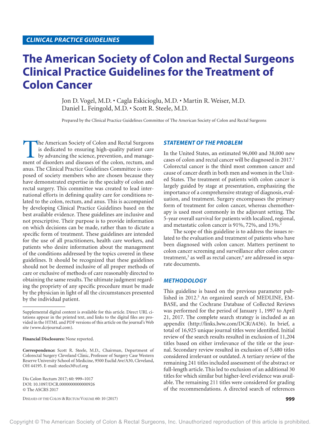 The American Society of Colon and Rectal Surgeons Clinical Practice Guidelines for the Treatment of Colon Cancer Jon D