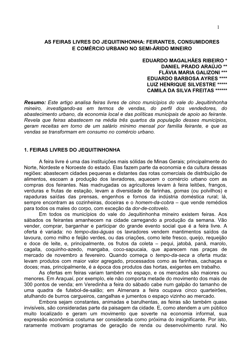 As Feiras Livres Do Jequitinhonha: Feirantes, Consumidores E Comércio Urbano No Semi-Árido Mineiro