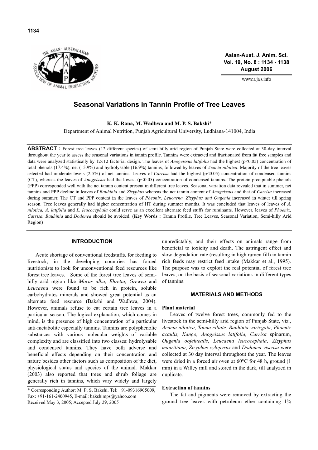 Seasonal Variations in Tannin Profile of Tree Leaves