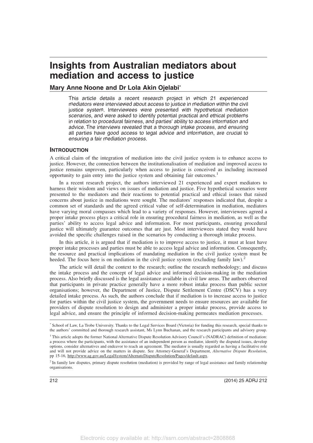 Insights from Australian Mediators About Mediation and Access to Justice