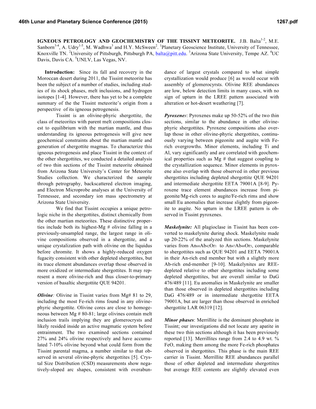 Igneous Petrology and Geochemistry of the Tissint Meteorite